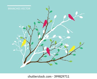 Vector file: White & brown branch with the colorful green and orange leaves and colorful birds