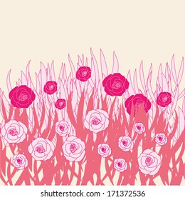 vector filed with grass and spring flowers for valentine's day card
