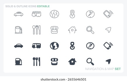 The vector files of solid and outline icons are editable and suitable for navigation and map-themed designs.