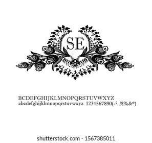 Vector filigree black floral artistic template silhouette frame stamp with monogram letters SE isolated on white background with engraving alphabet font .Family crest.Wedding luxury vintage initials.