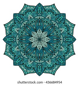Vector filigree mandala isolated on white background. The turquoise stylized pattern. 