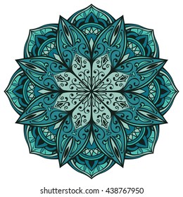 Vector filigree mandala isolated on white background. The turquoise stylized pattern. 