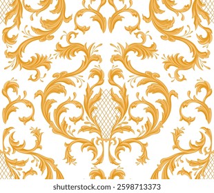 Vector filigree vintage seamless pattern. Ornament with golden silhouette of floral curls. Baroque engraving texture for wallpaper and wrapping paper.