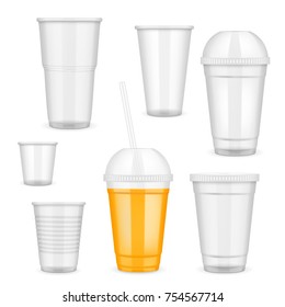 Vector filled and empty transparent disposable plastic cup set. Container for cold, hot drink realistic templates.