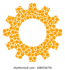 Vector filled hexagon icons are united into gearwheel illustration. Machinery design concept constructed of filled hexagon icons.