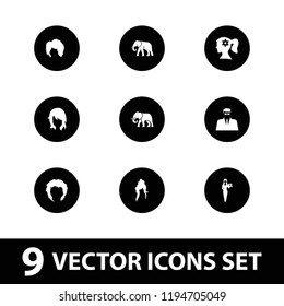 Vector filled icons such as elephant, woman hairstyle, woman face with flower in hair, hairstyle. editable portrait icons for web and mobile.