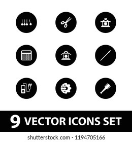 Vector filled icons such as gong, calculator, scissors, mace, spear, clobe gear, cradle. editable metal icons for web and mobile.