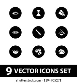 Vector  filled icons such as taco, chicken leg, kebab, chef, sushi, asian food, pan. editable cuisine icons for web and mobile.