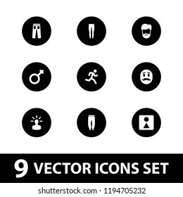 Vector filled icons such as underpants, male, user bulb, running man, man hairstyle, pants, emot with mustache. editable men icons for web and mobile.