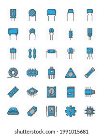 Icono de línea llena de vectores del condensador eléctrico y la placa de círculo, chip y transistor y similares, sombra azul y pequeña sombra, 64x64 píxeles de fondo blanco de la placa