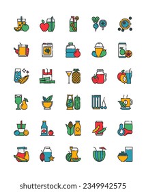 Vector filled line icon set of type of fresh fruit juice related things on the white background, drink and beverages concept using for website, media, application, 30 icon 64x64 pixel of each artboard