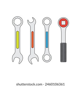 Vector filled line style of deference type of wrench mechanic tools white background, mechanic tool and repairing hardware, copy space for text or design white background