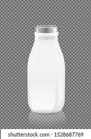 Vector. Filled up milk container template. Glass bottle. Metal cap. Realistic clean mock up with reflection. Isolated on white. Suits for your design testing.