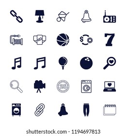 Vector filled and outline icons such as bell, table lamp, laptop with heart, radio, camera. editable single icons for web and mobile.