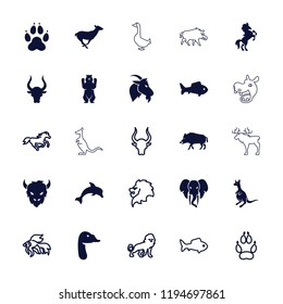 Vector filled and outline icons such as hog, bear, antelope, kangaroo, bull, goose, fish, lion, horse. editable wild icons for web and mobile.