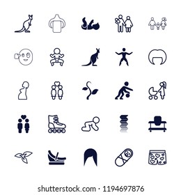 Vector filled and outline icons such as kangaroo, baby walker, curly hair, woman hairstyle, couple. editable young icons for web and mobile.