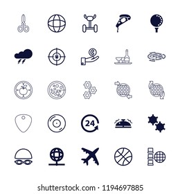 Vector filled and outline icons such as thunder, pizza, 24 support, dna, bell, golf ball, hand on coin. editable round icons for web and mobile.