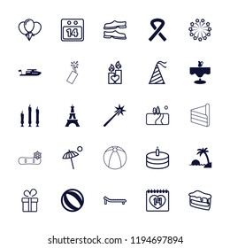 Vector filled and outline icons such as eiffel tower, boat, beach ball, candle, ribbon, present. editable holiday icons for web and mobile.