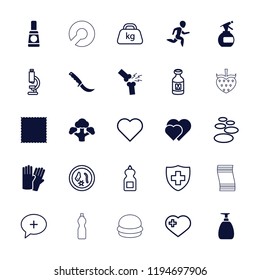 Vector filled and outline icons such as glove, spray bottle, hearts, broccoli, broken leg or arm. editable health icons for web and mobile.