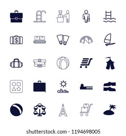 Vector  filled and outline icons such as ball, slippers, carousel, luggage cart, tent, avenue. editable vacation icons for web and mobile.