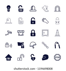 Vector  filled and outline icons such as opened lock, folder protection, family home, helmet. editable safety icons for web and mobile.