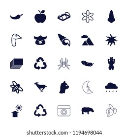 Vector filled and outline icons such as hippopotamus, nose, cucumber, bee, greenohuse, mountain, goose. editable nature icons for web and mobile.