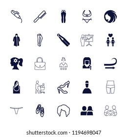 Vector  filled and outline icons such as woman hairstyle, woman face with flower in hair, overcoat. editable female icons for web and mobile.