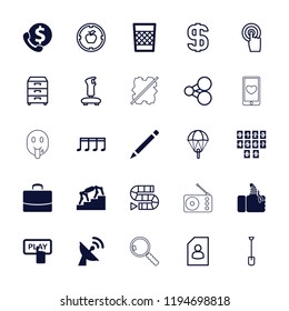 Vector  filled and outline icons such as injured finger, trash bin, digital clock, bank support, stairs. editable button icons for web and mobile.