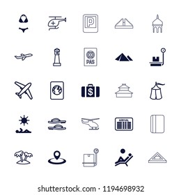 Vector filled and outline icons such as money case, lighthouse, plane, medical helicopter, palm. editable tourism icons for web and mobile.
