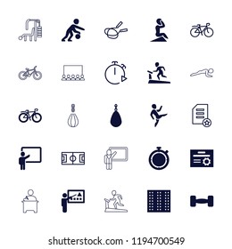 Vector  filled and outline icons such as field, bicycle, barbell, basketball player, diploma. editable training icons for web and mobile.