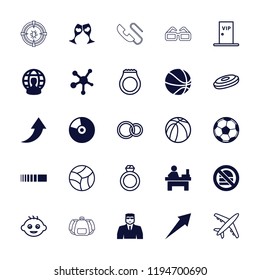 Vector filled and outline icons such as security guy, table, clink glasses, fotball, user globe, baby. editable round icons for web and mobile.