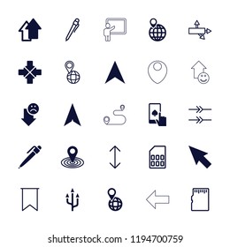 Vector filled and outline icons such as map location, navigation arrow, pin on globe, arrow up, pen. editable pointer icons for web and mobile.