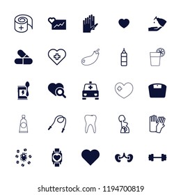 Vector filled and outline icons such as heart, barbell, heart search, kidney, virus and pills, glove. editable health icons for web and mobile.