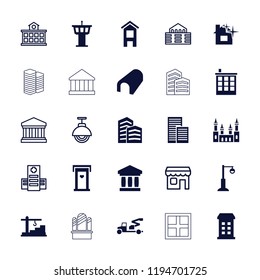 Vector filled and outline icons such as building, door with heart, airport tower. editable architecture icons for web and mobile.