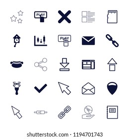 Vector filled and outline icons such as finger pressing play button, mail, location. editable interface icons for web and mobile.