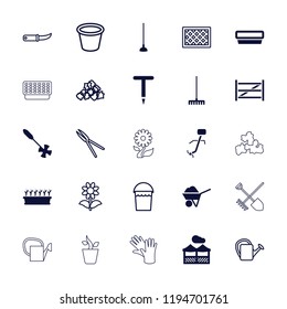 Vector  filled and outline icons such as rake, hoe, plant in pot, pergola, bucket, mud. editable gardening icons for web and mobile.