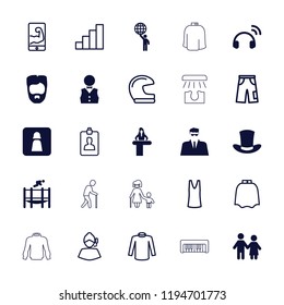 Vector  filled and outline icons such as airport desk, couple, trampoline, waiter, hairdresser peignoir, singlet. editable man icons for web and mobile.