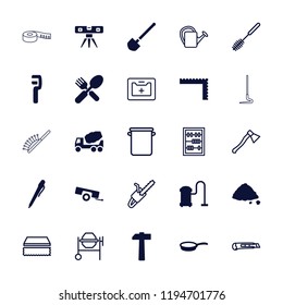 Vector filled and outline icons such as ruler, pen, fork and spoon, ground heap, pan, hammer, sponge. editable tool icons for web and mobile.