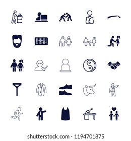 Vector filled and outline icons such as razor, man hairstyle, man shoe, singlet, tie, businessman, judo. editable male icons for web and mobile.
