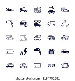Vektorillustration gefüllt und Umrisssymbole wie LKW mit Gepäck, niedriger Akku, Hand mit Schlüssel, Zug Spielzeug, Auto. editierbare Auto-Icons für Web und Mobile.