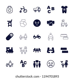 Vector  filled and outline icons such as diaper, baby onesie, bike, train toy, abc, sad emot, family. editable child icons for web and mobile.