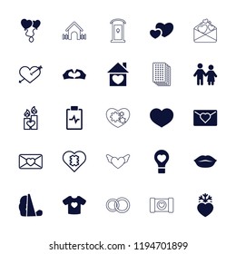 Vector filled and outline icons such as couple, love letter, treadmill, house, engagement ring. editable heart icons for web and mobile.