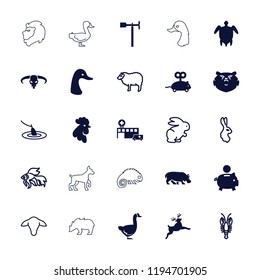Vector filled and outline icons such as goose, rooster, mouse toy, weather vane, goat, rabbit, crab. editable animal icons for web and mobile.