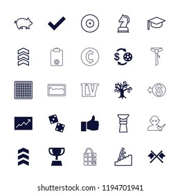 Vector  filled and outline icons such as dice, line graph, thumbs up, crossed flags, rank, pig. editable success icons for web and mobile.