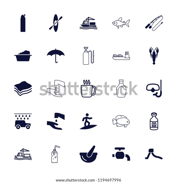 Vector filled and outline icons such as\
crab, cargo ship, bucket, umbrella, sponge, snorkel, rowing, mug.\
editable water icons for web and\
mobile.