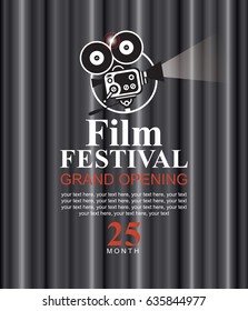 Vector film festival poster with cinema grey Curtains and old fashioned movie camera. Movie background with text place and words grand opening. Can used for banner, poster, web page, background