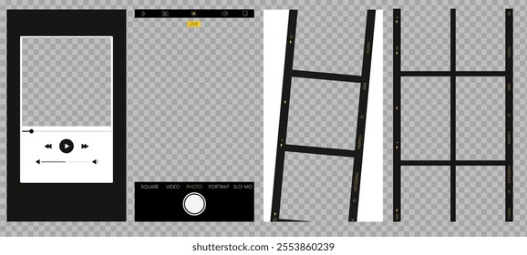 Vector film frame and camera UI mockup with phone screen elements. Includes video recording icons, photo capture buttons, grid layout, focus template, and transparent filmstrip.
