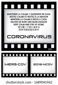 Vector film frame and information about novel coronavirus COVID-19. Global coronavirus pandemic. Set vector illustrations.