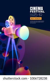 Vector film and movie concept. Neon glowing cinema festival poster or banner layout. 3d style abstract movie camera with film spotlight. Sale cinema theatre tickets and entertainment illustration.