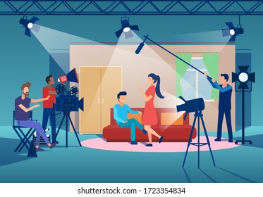 Vector of a film production with cinema people, camera man, director, actors and a boom operator 